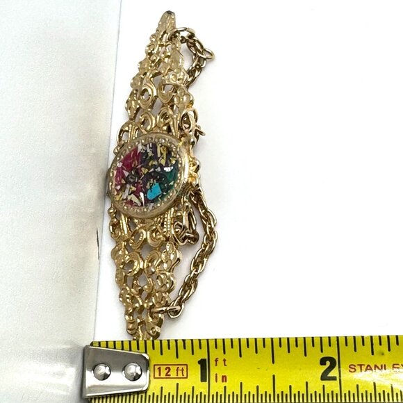 Vtg Gold Tone Filigree Brooch Colorful Mosaic Center & Dangling Chain Accents - Picture 9 of 9